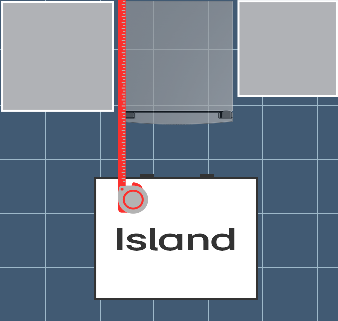 A top-down view of the kitchen space that the refrigerator will be placed in.  There is an island in front of the space where the refrigerator will be placed.  THe measuring tape is measuring from the back wall to the nearest surface of the island to determine if there is enough room for the refrigerator doors to full open.