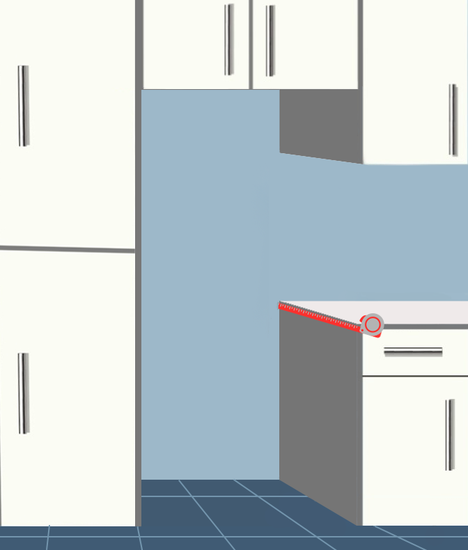 A kitchen space that the refrigerator will be placed in.  The measuring tape is measuring the depth of the space from the back wall to the front face of the cabinet.