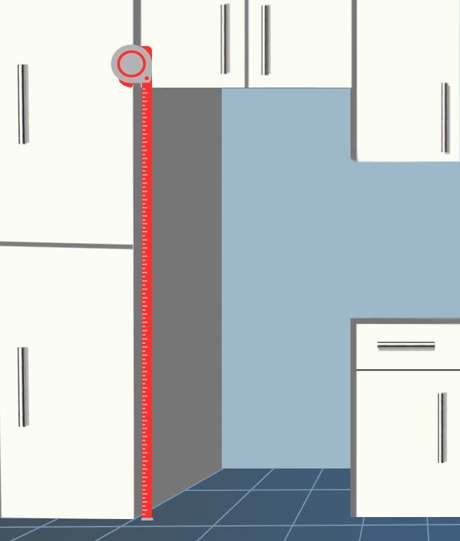 A kitchen space that the refrigerator will be placed in.  The measuring tape is measuring from the floor to the bottom of the cabinet above the refrigerator.