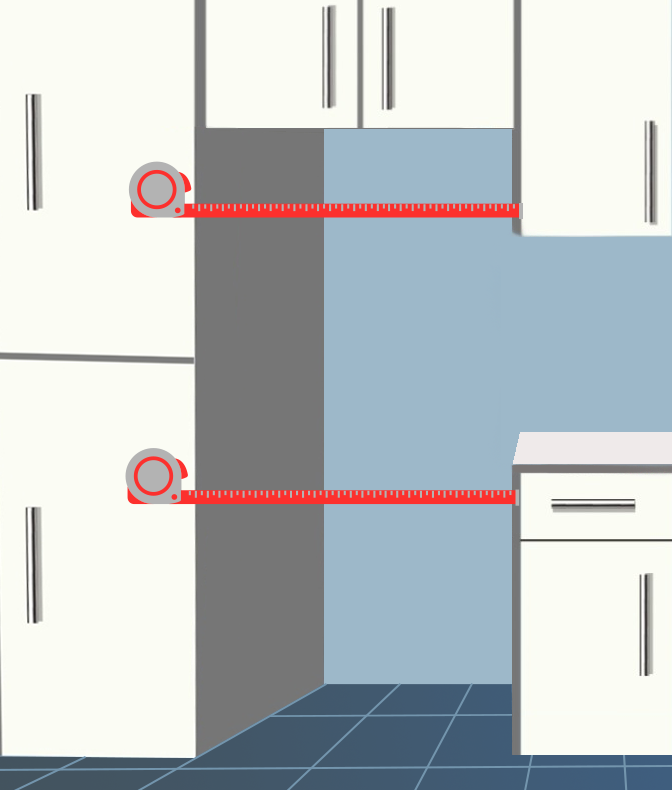 A kitchen space that the refrigerator will be placed in.  The measuring tape is measuring the width of the opening in several places horizontally.