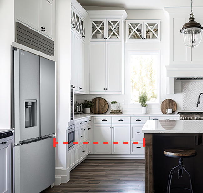 A kitchen with an island in front of the refrigerator.