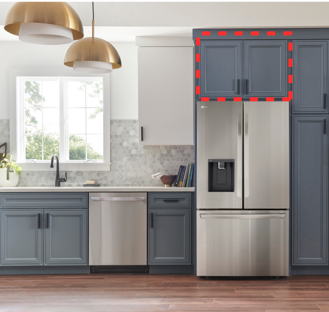 A kitchen with a cabinet directly above the refrigerator.