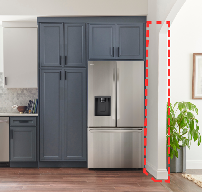 A kitchen highlighting a refrigerator with a 36-inch wall directly next to it.